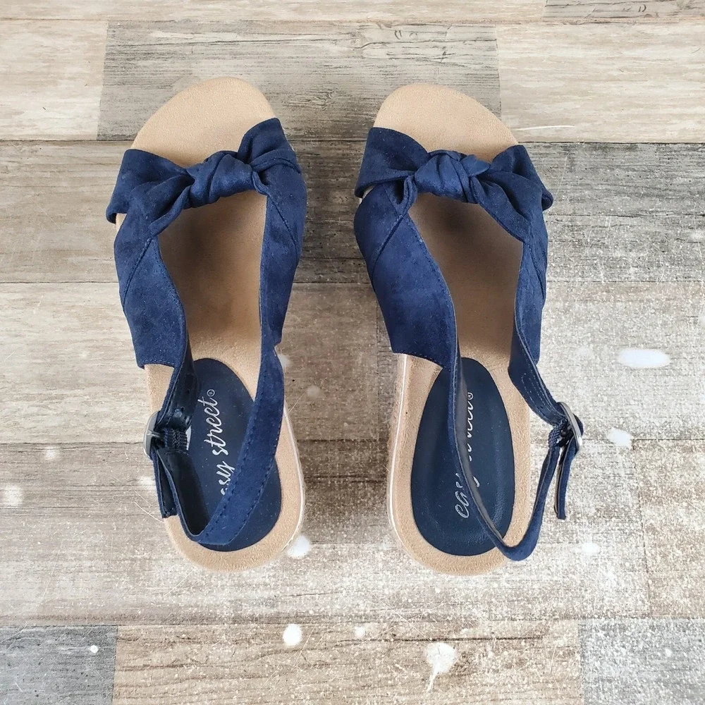 Easy Street Womens Dot Wedge Sandal Sz 9.5 N Navy Blue Suede Slingback‎